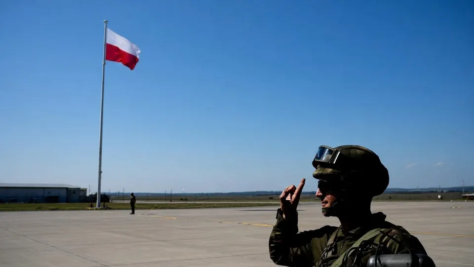 Poolse militair bij een vlag op een vliegveld, terwijl Polen een mogelijk incident met een vliegend object onderzoekt