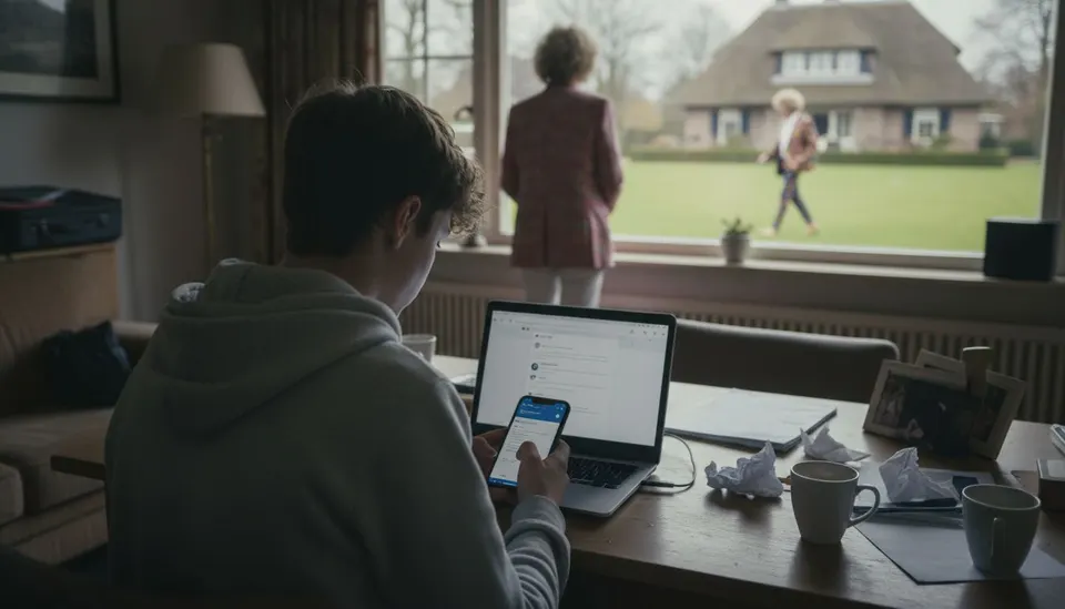 Jonge man kijkt op zijn telefoon en laptop terwijl buiten iemand over het gazon loopt