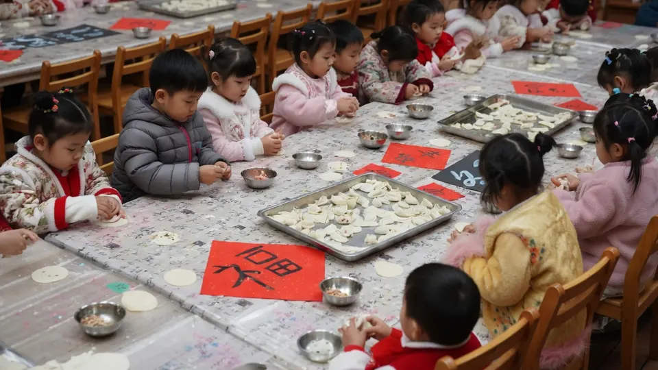 Kinderen maken samen eten in een Chinees kinderdagverblijf