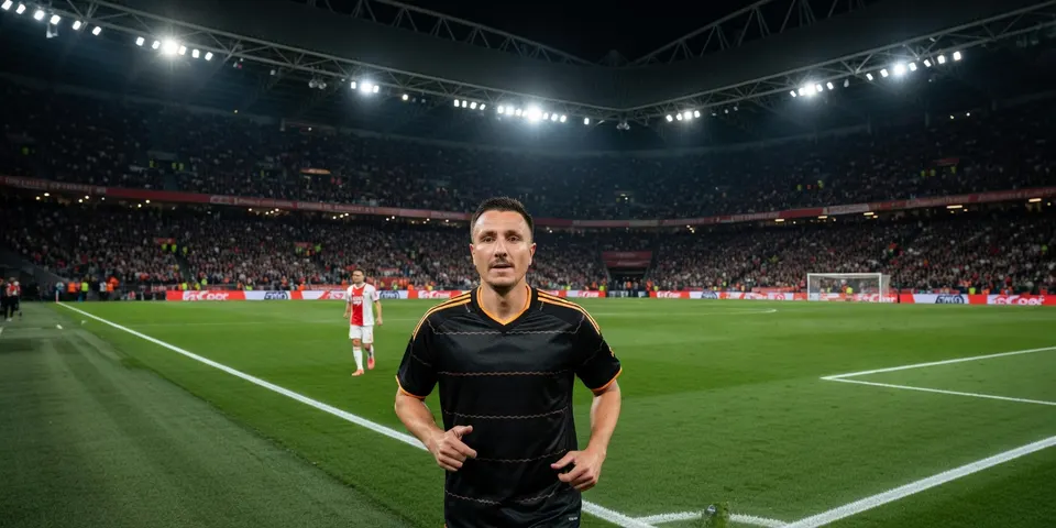 Een scheidsrechter loopt tijdens een wedstrijd over het voetbalveld