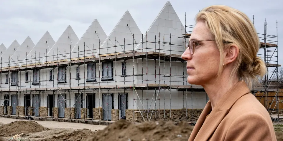 Nieuwe woningen in aanbouw naast een vrouw op een bouwlocatie