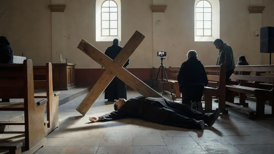 Reconstructie van priester Patricio Sánchez onder een houten kruisbeeld in een kerk in Ecuador