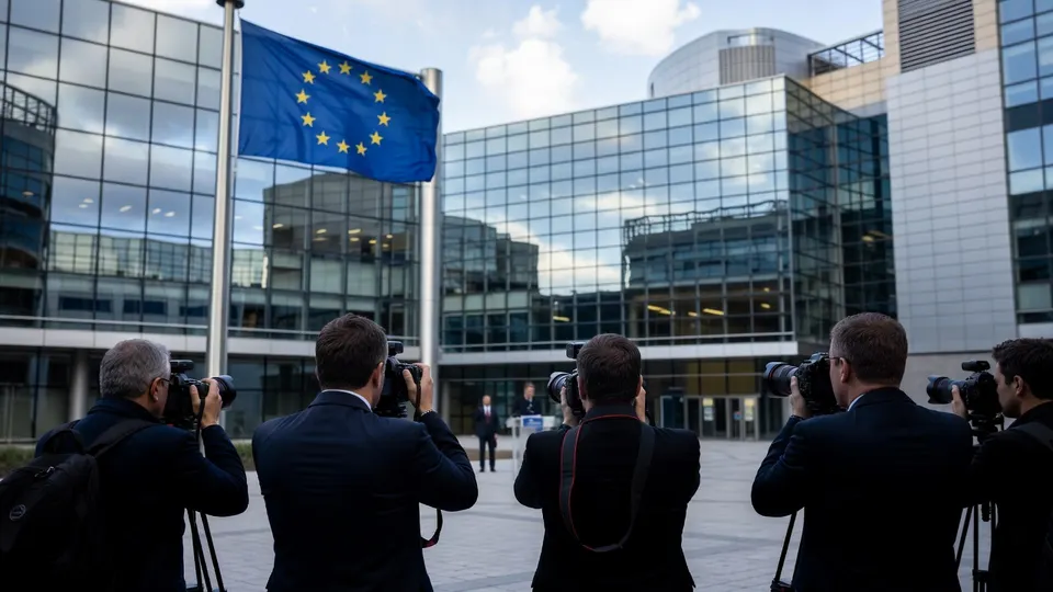 Fotografen bij een gebouw van de Europese Unie in Brussel