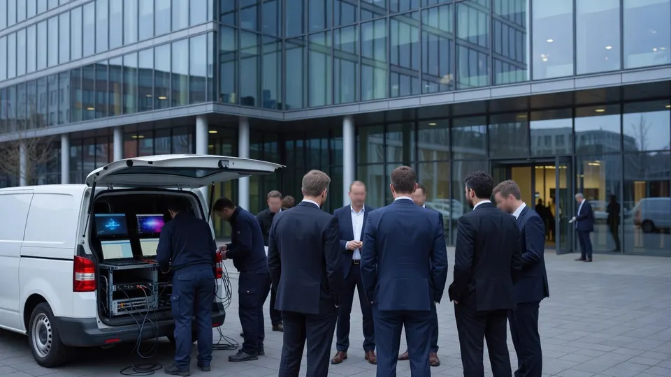 Medewerkers bij een bestelbus met apparatuur voor een bijeenkomst van Ahold Delhaize