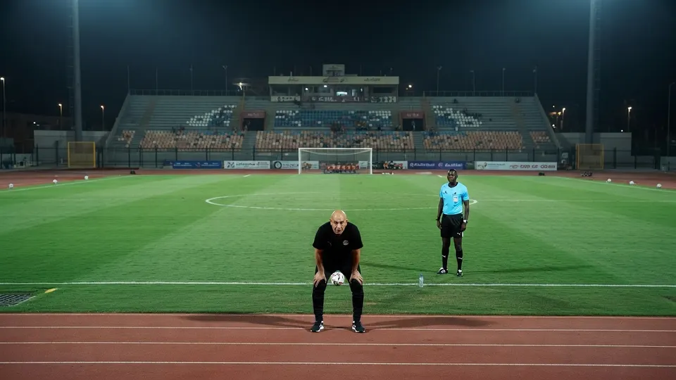 Een voetballer en scheidsrechter op het veld