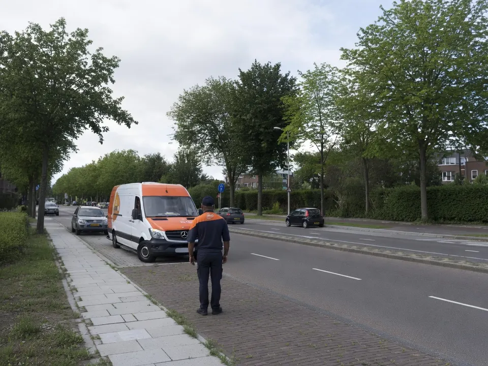 Een medewerker van PostNL staat bij een bestelbus langs de weg