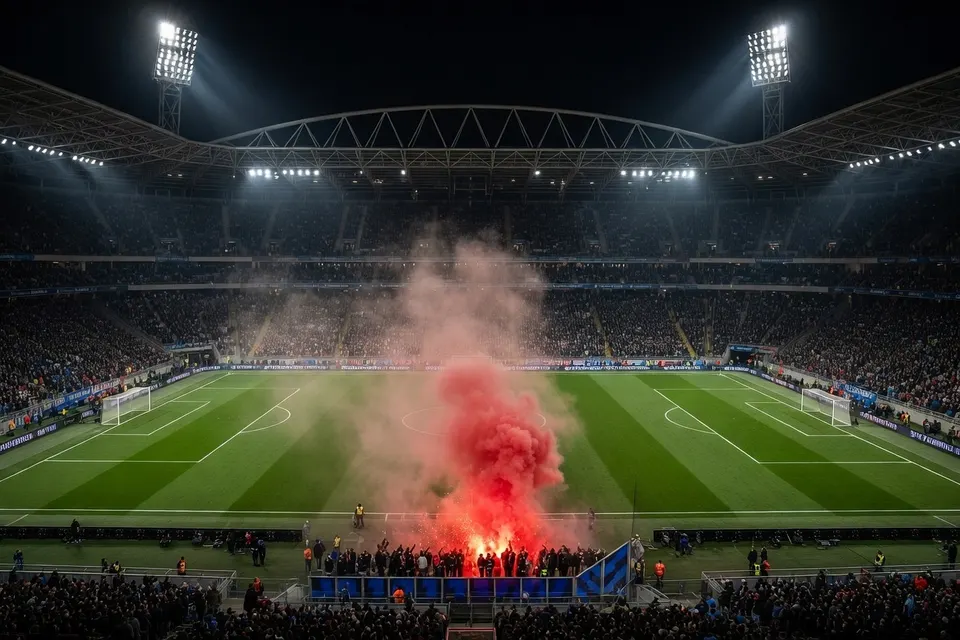 Rood vuurwerk en rook op de tribune tijdens een voetbalwedstrijd
