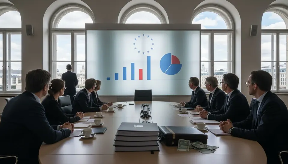 Vergadering over Europese investeringen in beter bestuur, met resultaten en grafieken op een scherm