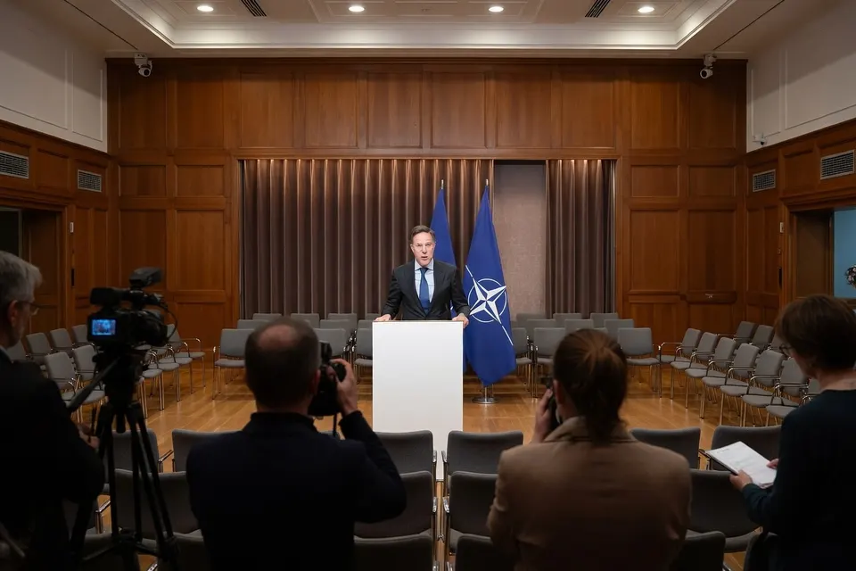 NAVO-chef Mark Rutte spreekt de pers toe tijdens een bijeenkomst over extra middelen voor de Zwarte Zee