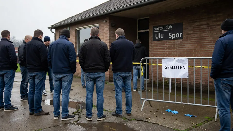 Bezoekers staan bij voetbalclub Ulu Spor, waar een schietpartij plaatsvond