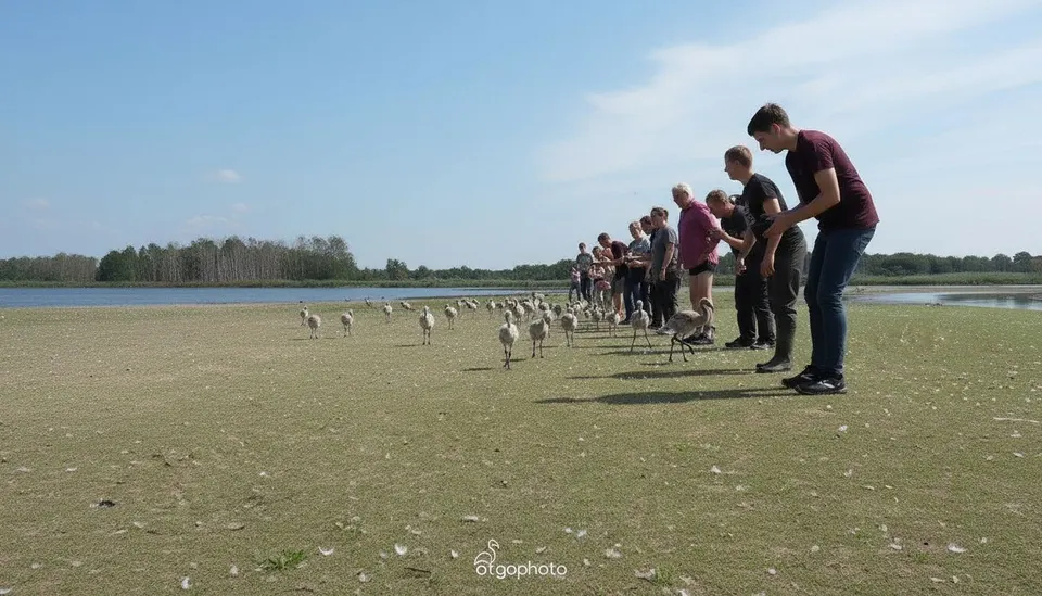 Mensen bekijken flamingokuikens bij het Zwillbrocker Venn