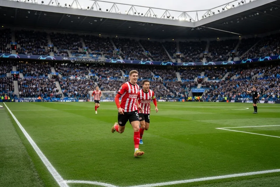 Guus Til en een PSV-teamgenoot vieren feest tijdens het duel met FC Porto