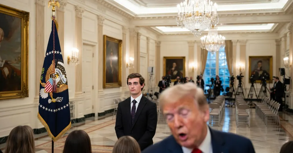 Donald Trump spreekt in het Oval Office, met YouTuber Nick Shirley op de achtergrond