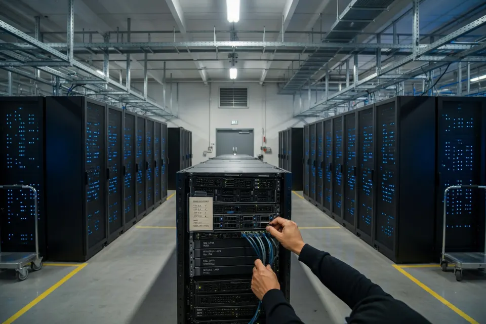 Een beheerder werkt aan servers in een datacenter