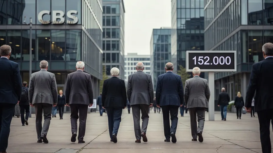 Oudere werknemers lopen door een kantorenwijk, waar het CBS 152.000 werkende AOW'ers meldt