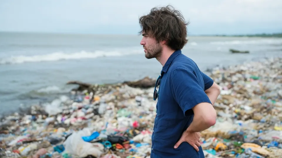 Boyan Slat staat aan een met plastic vervuilde kust