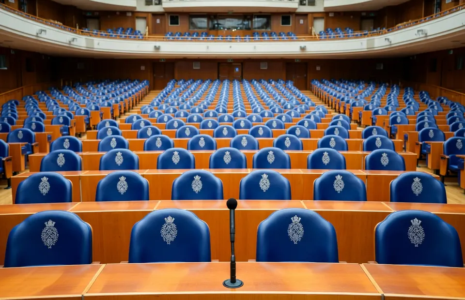 De plenaire zaal van de Tweede Kamer staat klaar voor debatten