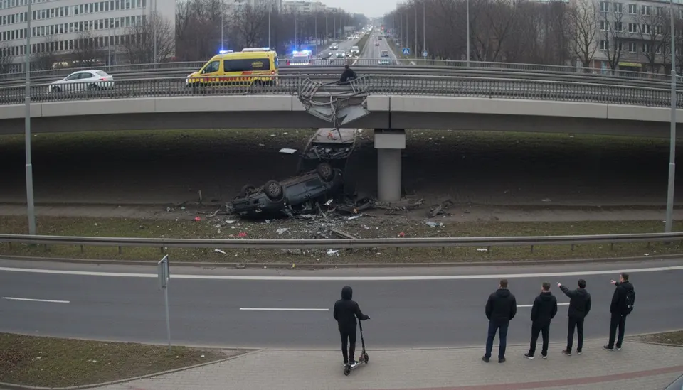 Auto ligt onder het viaduct nadat het voertuig een meisje op een step miste