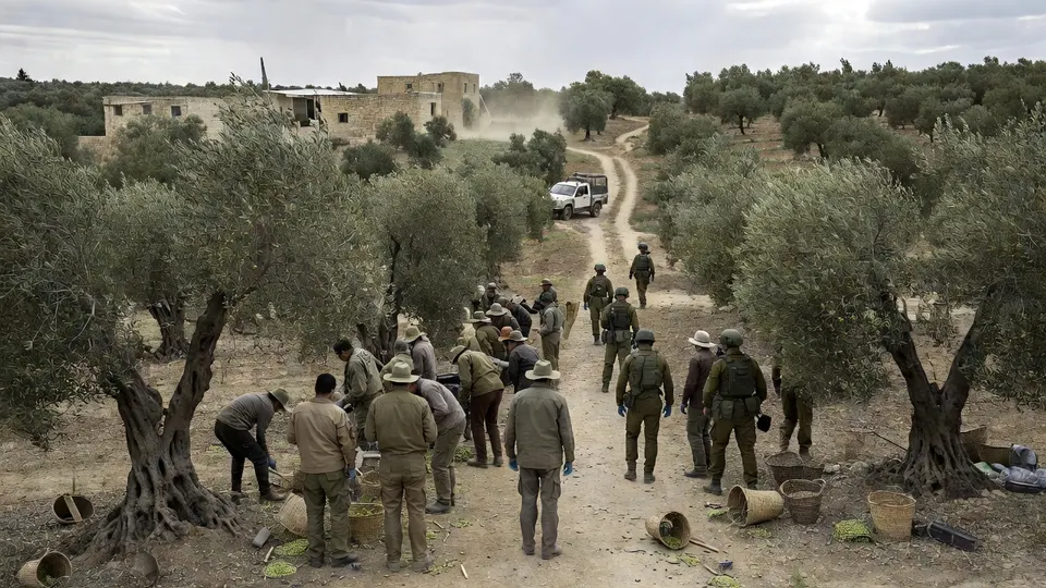 Israëlische militairen en politieagenten houden vrijwilligers weg bij een olijfgaard op de Westelijke Jordaanoever