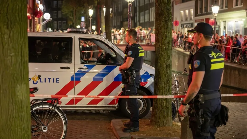 Politieagenten bij een busje op de Amsterdamse Wallen tijdens een politieactie