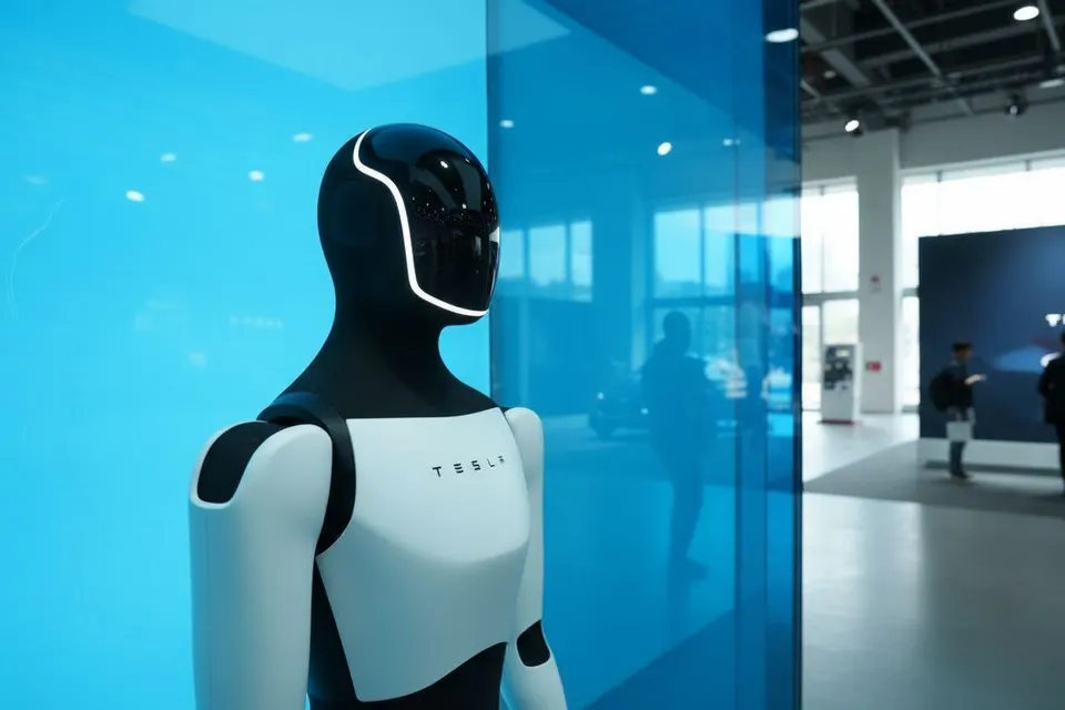 Een Optimus-robot van Tesla in een showroom