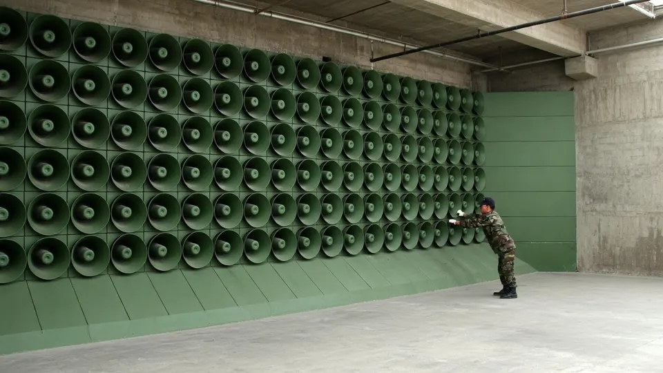 Militair bij een wand met luidsprekers aan de grens tussen Noord- en Zuid-Korea