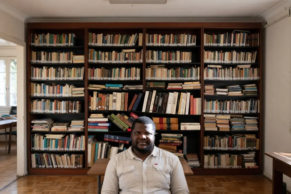 De Haïtiaans-Canadese schrijver Thélyson Orélien in een bibliotheek