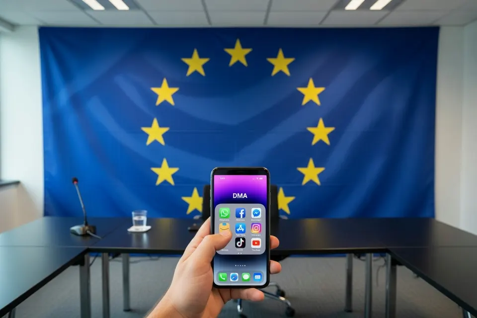 Smartphone met TikTok en de vlag van de Europese Unie op de achtergrond