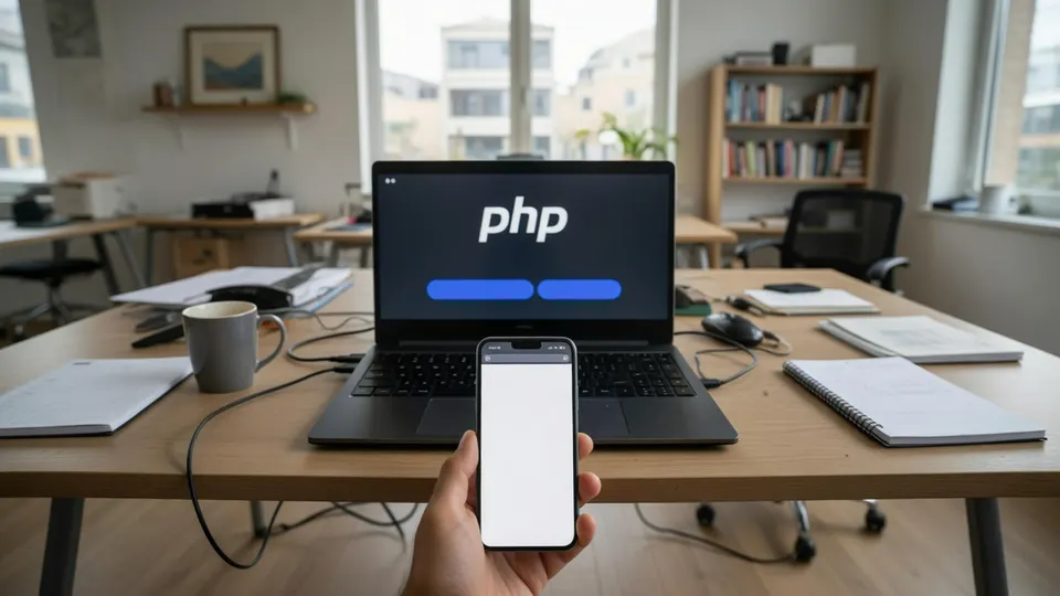 Laptop met PHP-logo en smartphone op een bureau