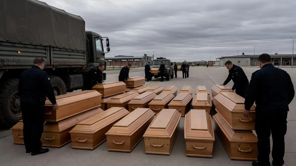 Medewerkers laden 252 lichamen over die Oekraïne van Rusland heeft ontvangen