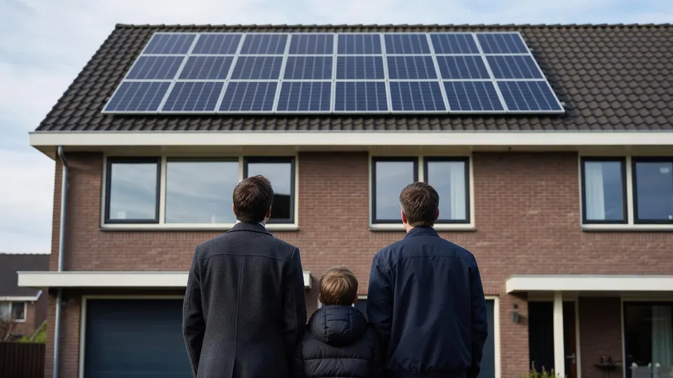 Gezin bekijkt zonnepanelen op het dak van hun woning