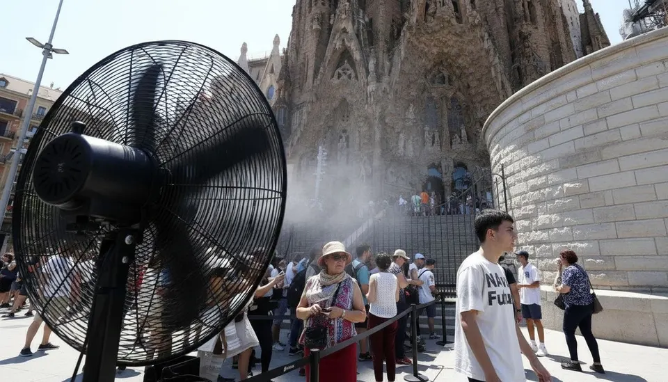 Toeristen zoeken verkoeling bij de Sagrada Família tijdens een hete zomerdag