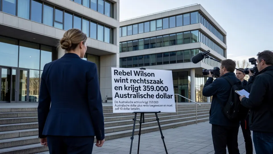 Journalisten bij een bord over de rechtszaak van Rebel Wilson tegen de producenten van The Deb