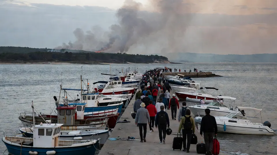 Evacués worden per boot weggehaald van Cap Ferret, terwijl rook van natuurbranden boven de kust hangt