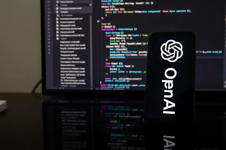 OpenAI-logo op een scherm met computercode