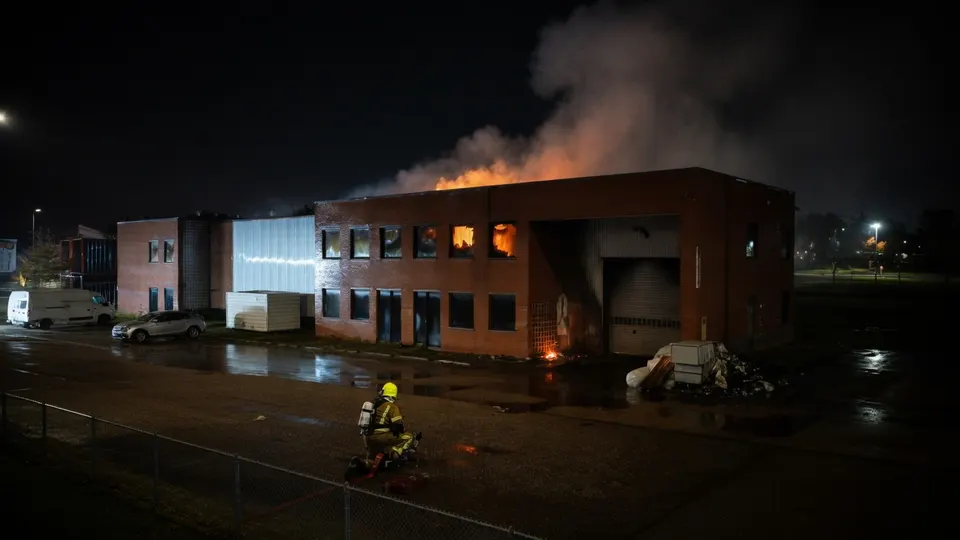 Brandweer bestrijdt een grote brand in een groothandel op bedrijventerrein Zestienhoven in Rotterdam
