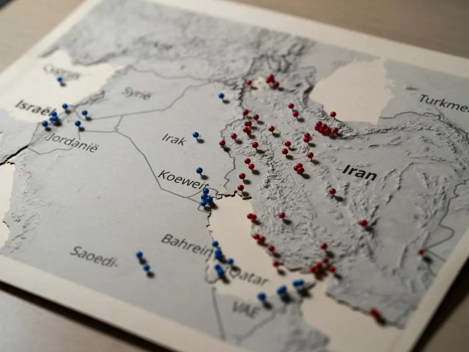 Kaart van het Midden-Oosten met markeringen bij Iran en omliggende landen