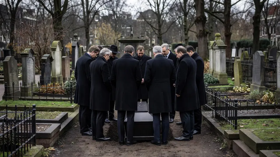 Vrienden nemen in Amsterdam afscheid bij de besloten begrafenis van Maarten Spanjer
