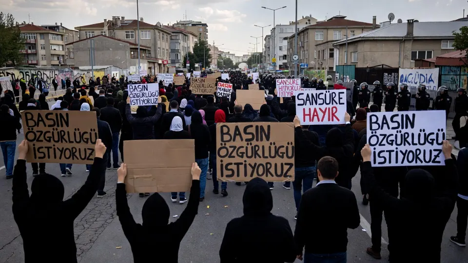 Demonstranten in Turkije eisen met borden voor persvrijheid een einde aan censuur