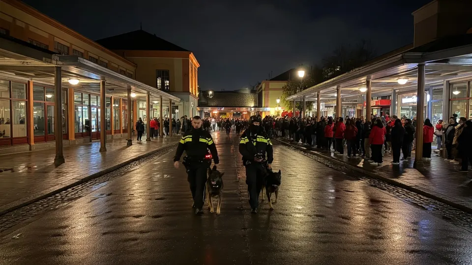 Politiehonden lopen tijdens Walibi Fright Nights door een drukke straat in het pretpark