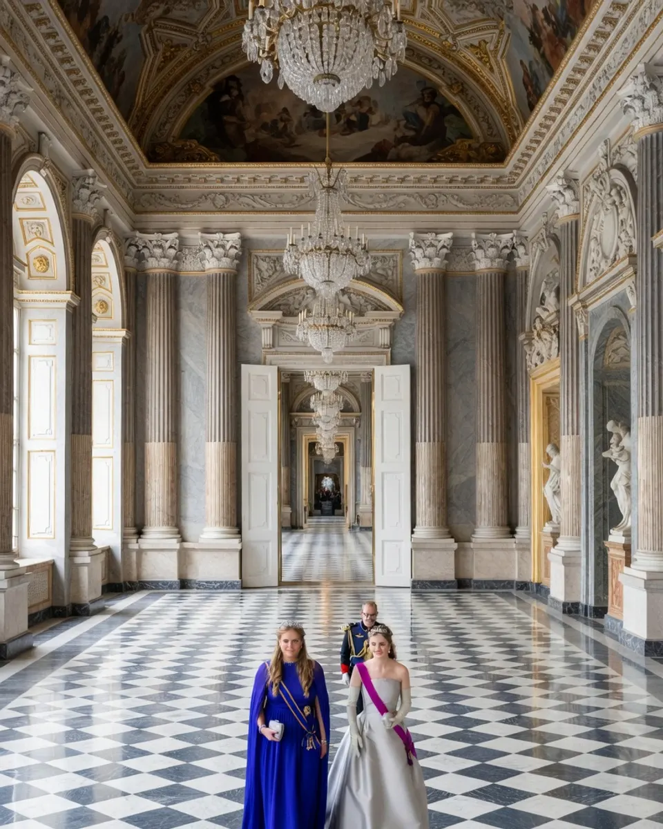 Prinses Elisabeth poseert in een paleiszaal naast een vrouw in een witte jurk