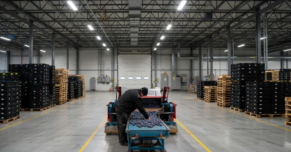 In een loods worden kratten met geredde pruimen op pallets verwerkt