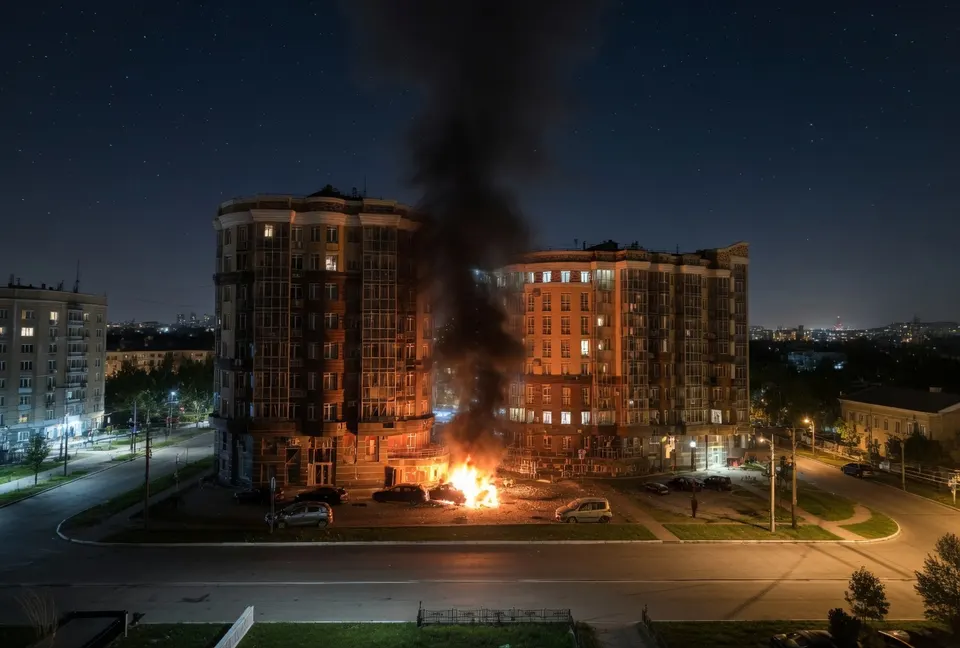 Brand na een droneaanval op Belgorod in Rusland