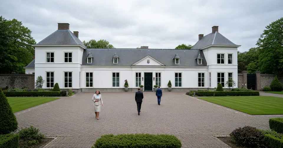 Ambtenaren lopen over het terrein van een opvanglocatie voor asielzoekers