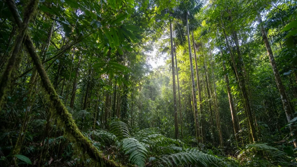 Tropisch regenwoud met hoge bomen en varens