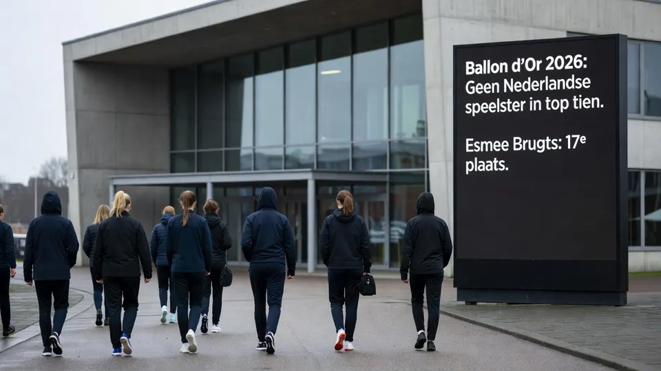 Bezoekers lopen langs een scherm met de uitslag van de Ballon d’Or voor Nederlandse voetbalsters