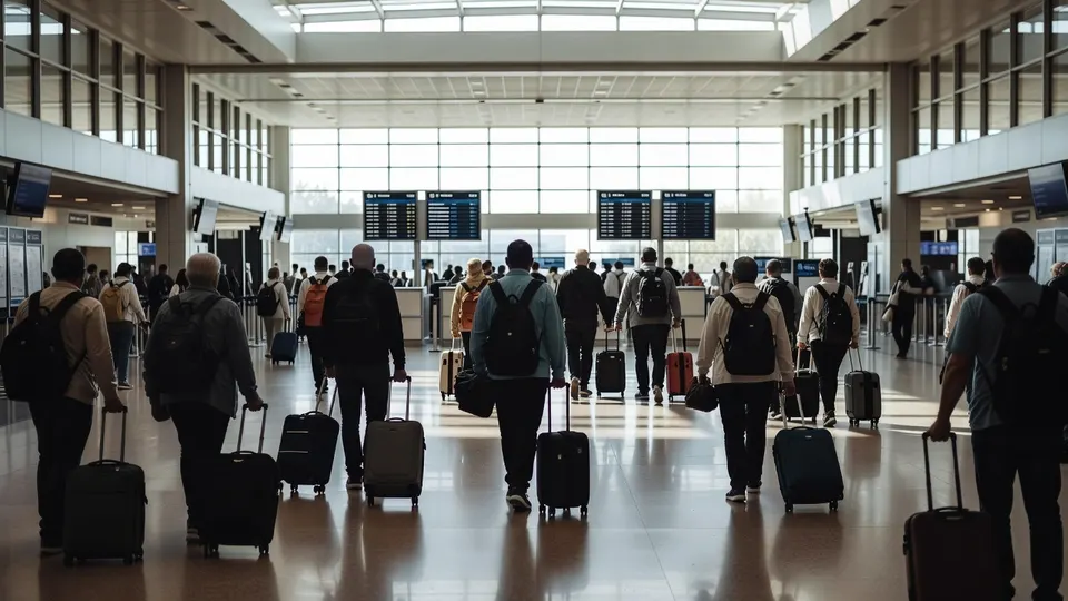 Reizigers met koffers lopen door een vertrekhal op weg naar Israël voor de parlementsverkiezingen