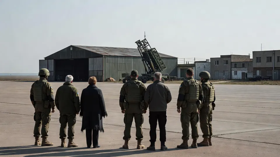 Militairen en andere betrokkenen staan op een vliegveld