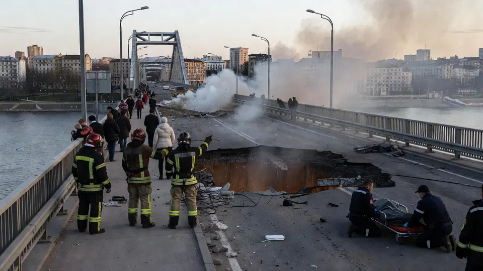 Hulpdiensten bij een beschadigde brug in Kyiv na een Russische raketaanval