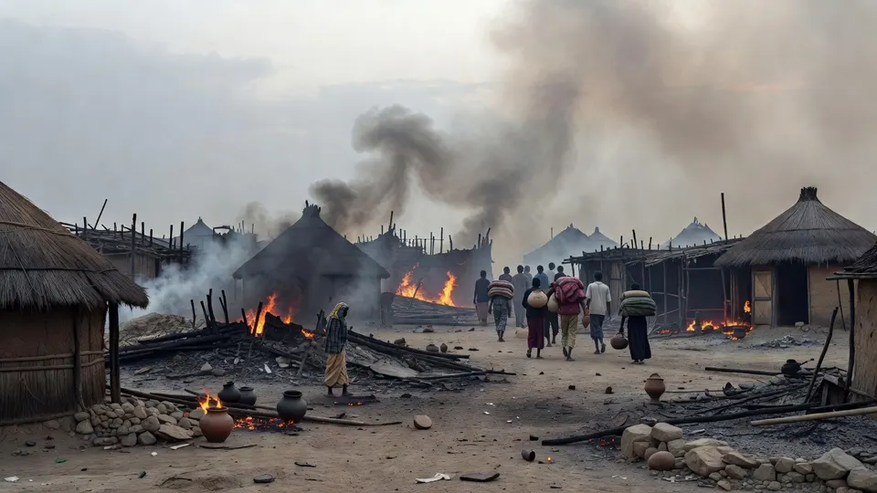 Bewoners lopen langs uitgebrande huizen en smeulende resten in een dorp in de Ethiopische regio Oromia